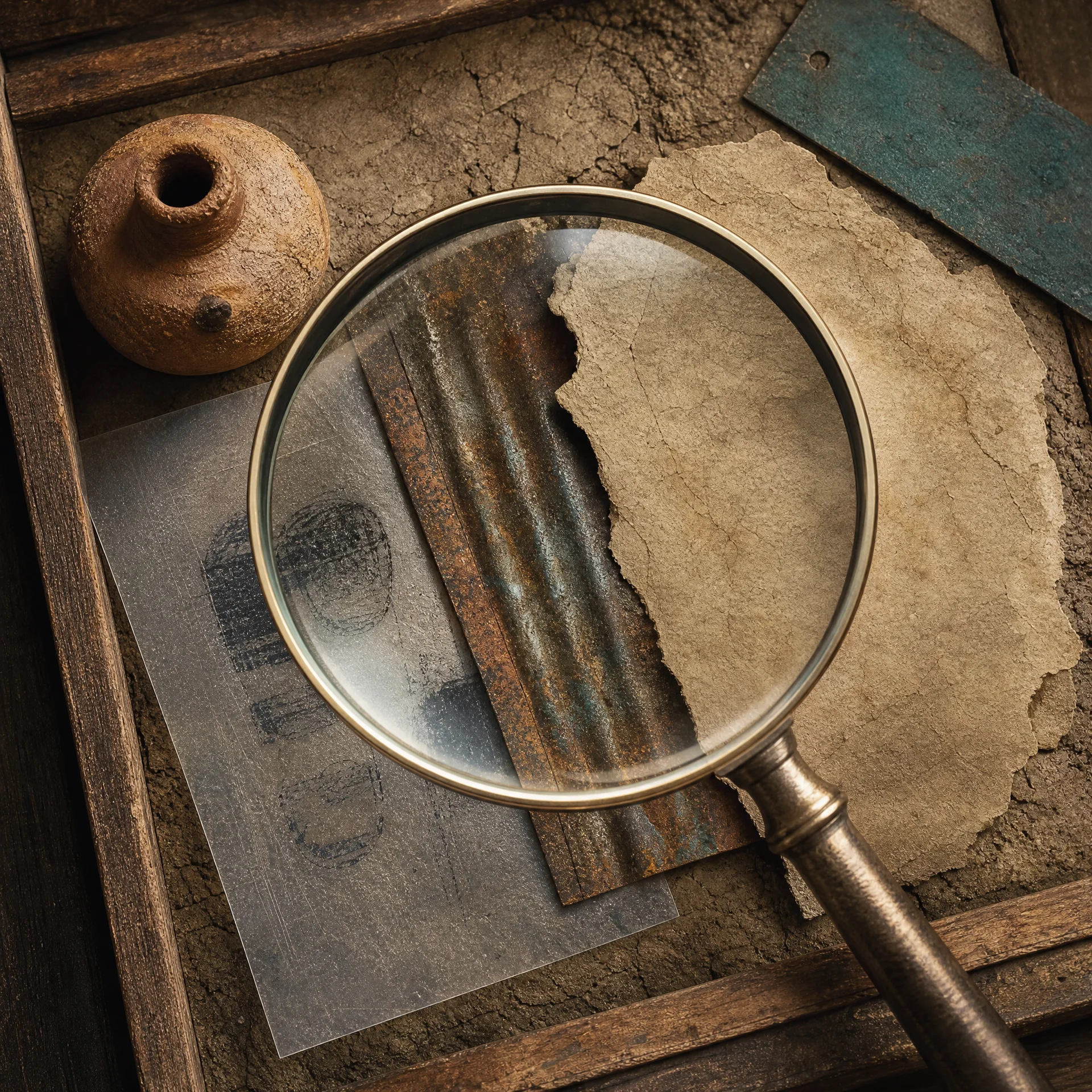 Magnifying lens inspecting a layered marketing print fragment