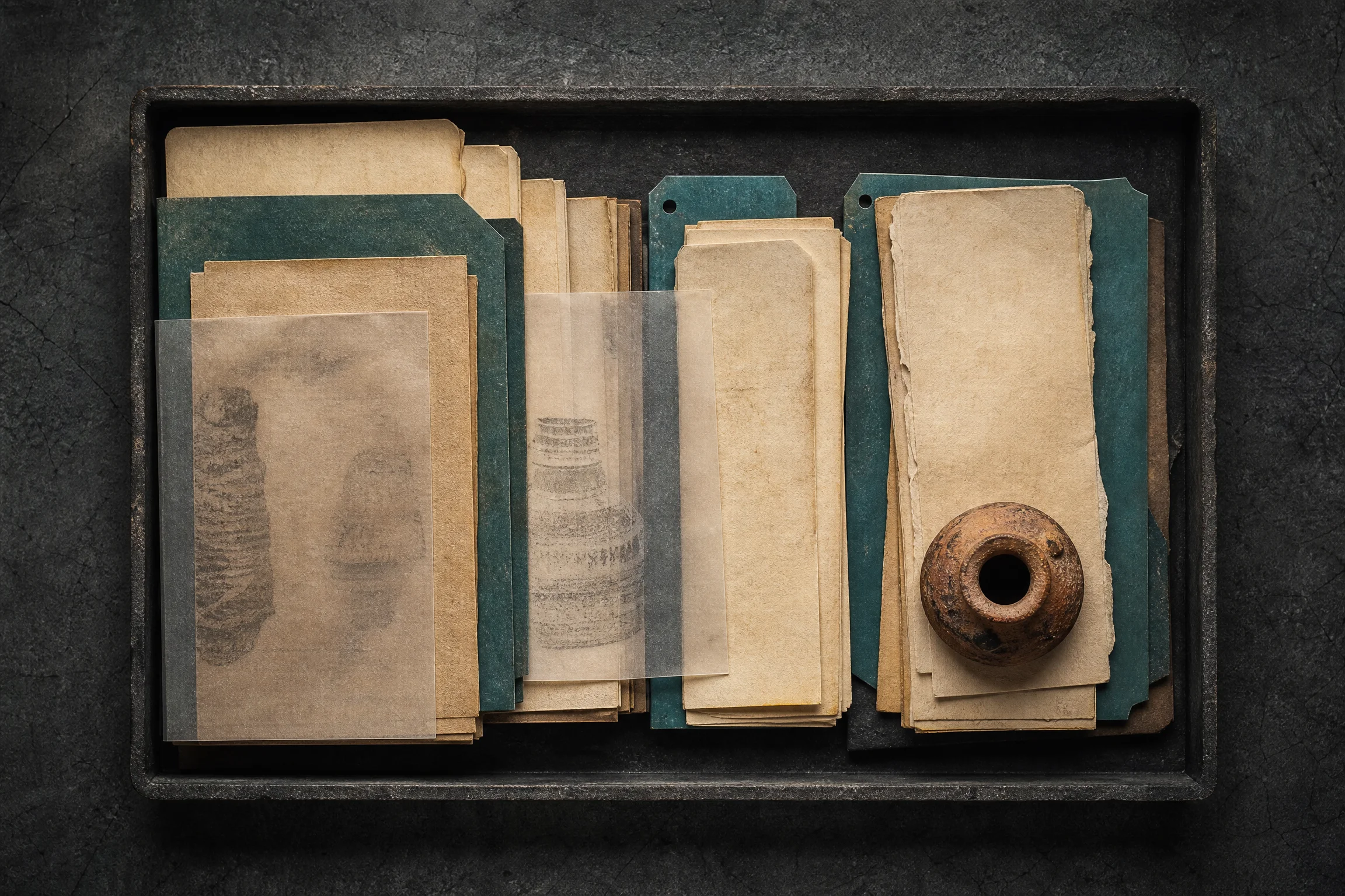 Archival tray of layered papers, teal files and a small ceramic object