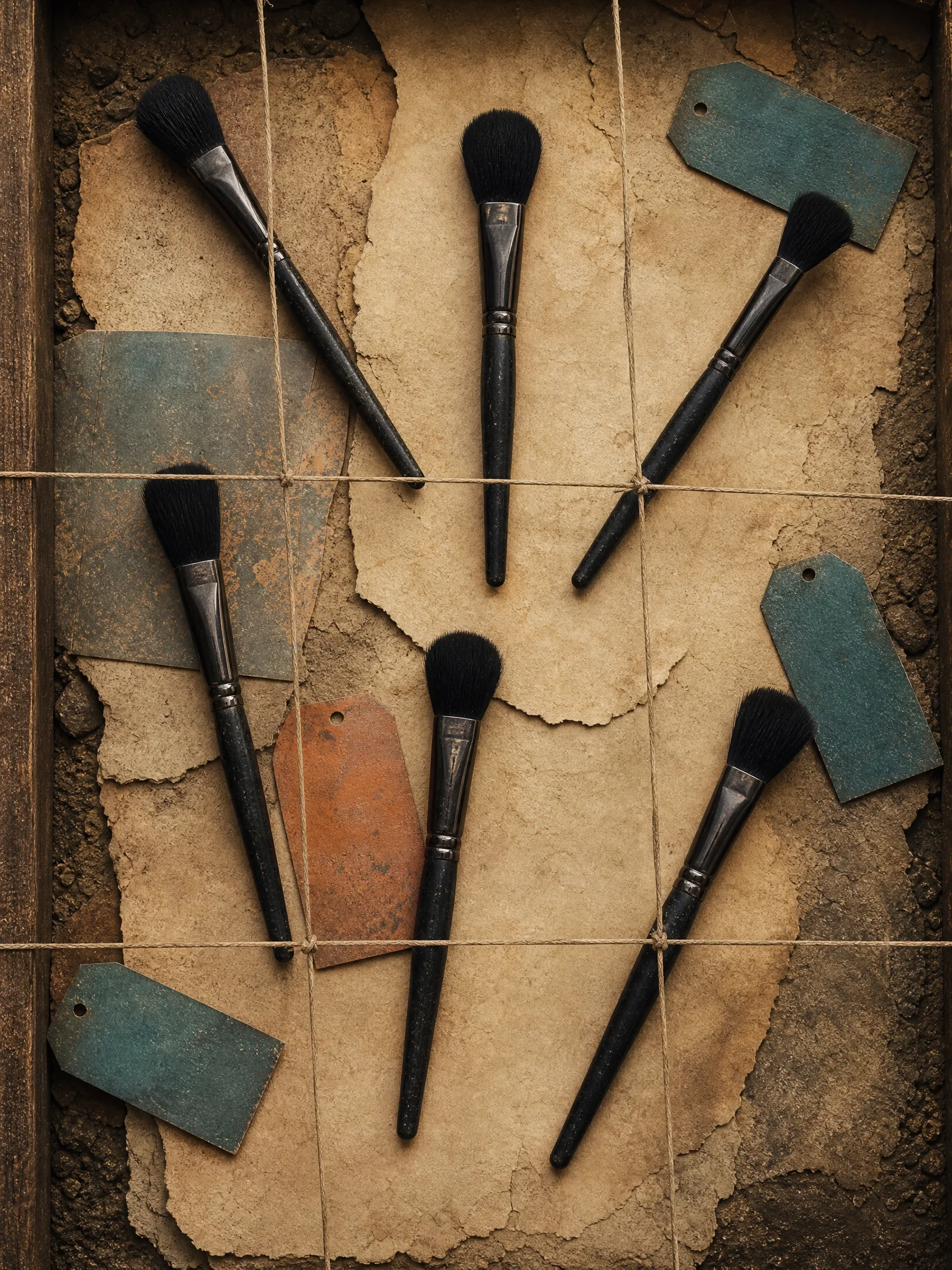 Fieldwork brushes and teal accession tags arranged across a gridded excavation surface