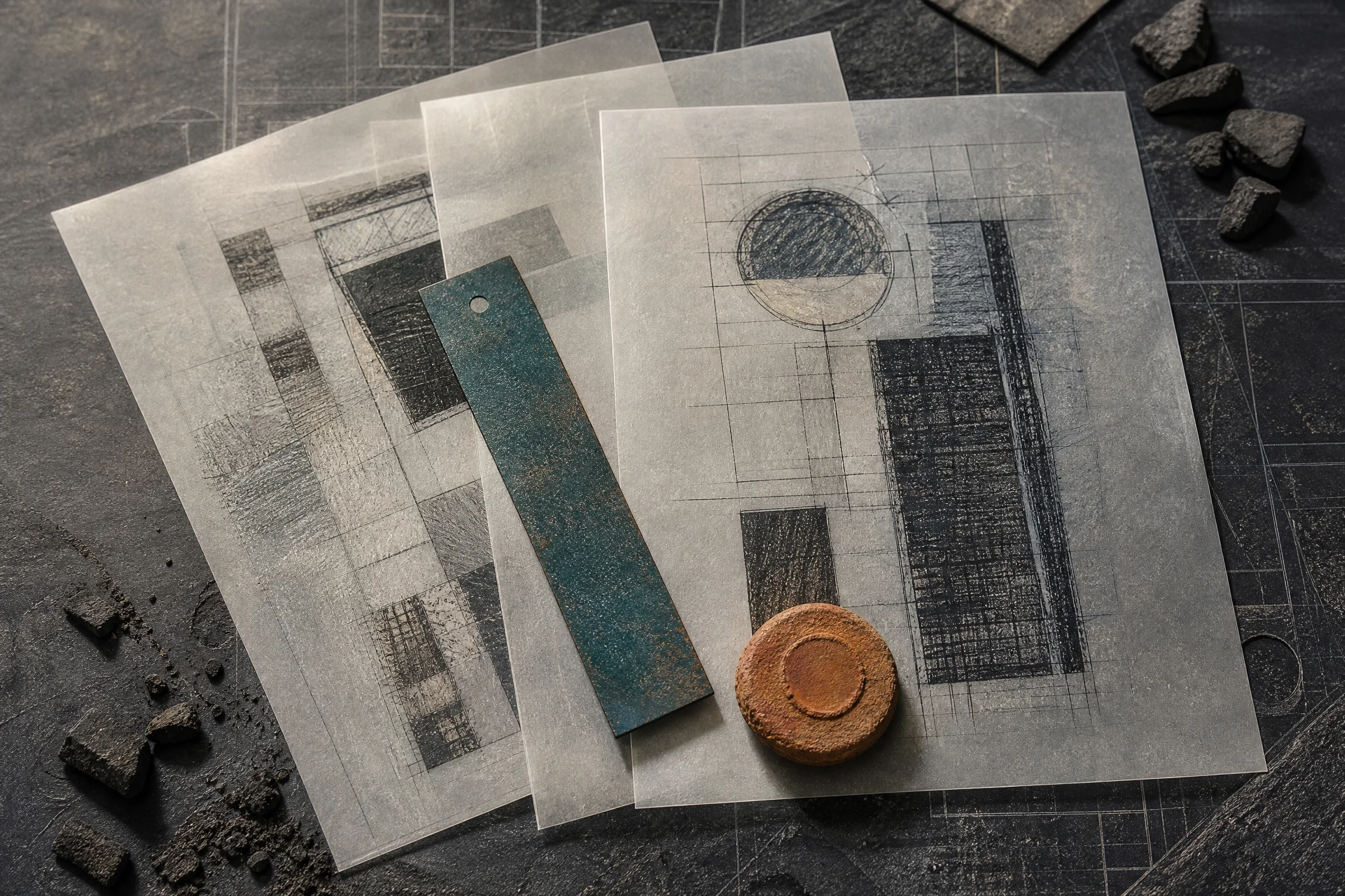 Layered translucent marketing context sheets on a dark archive table