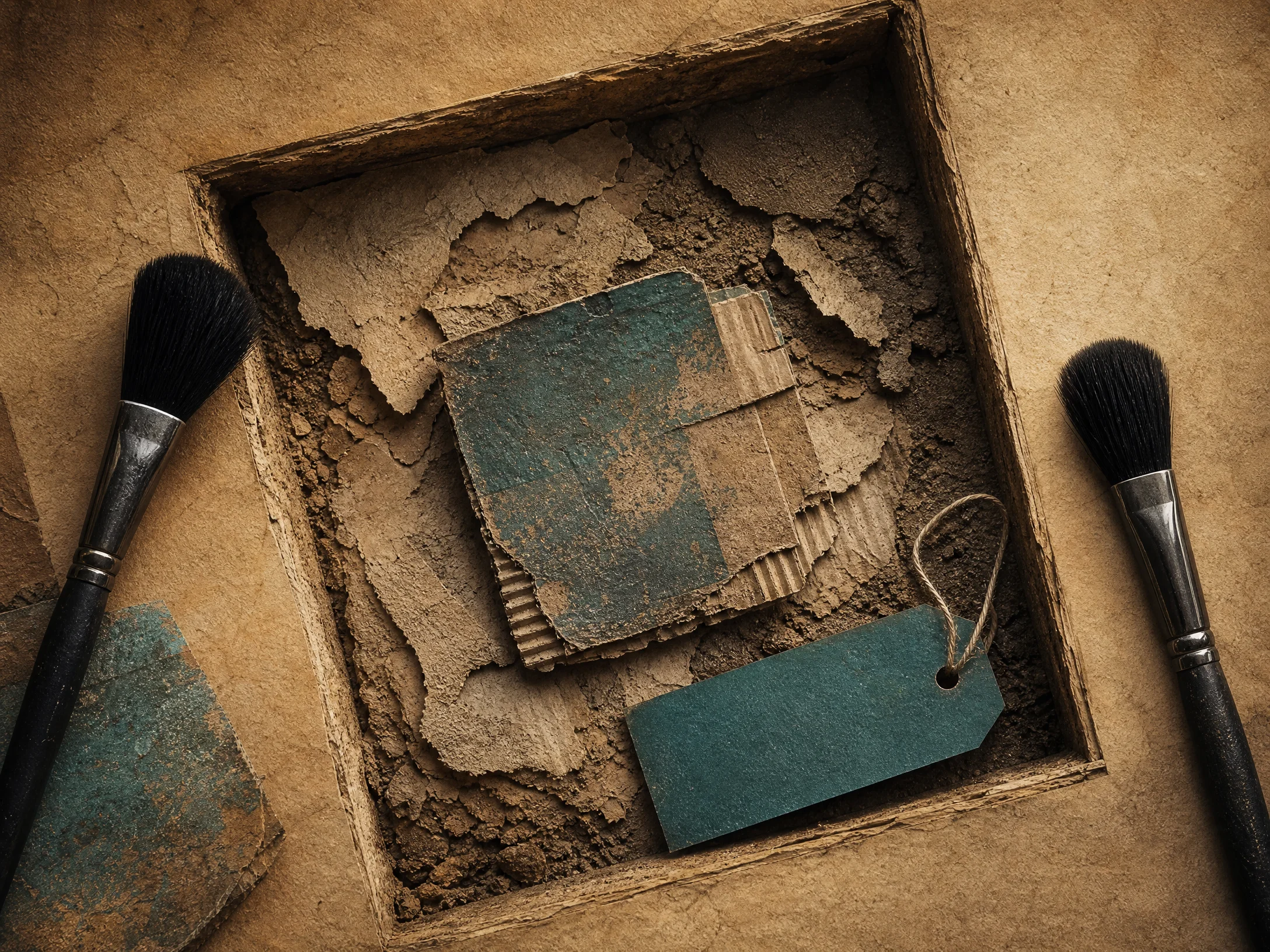 Excavated package fragments arranged with brushes and teal evidence tags