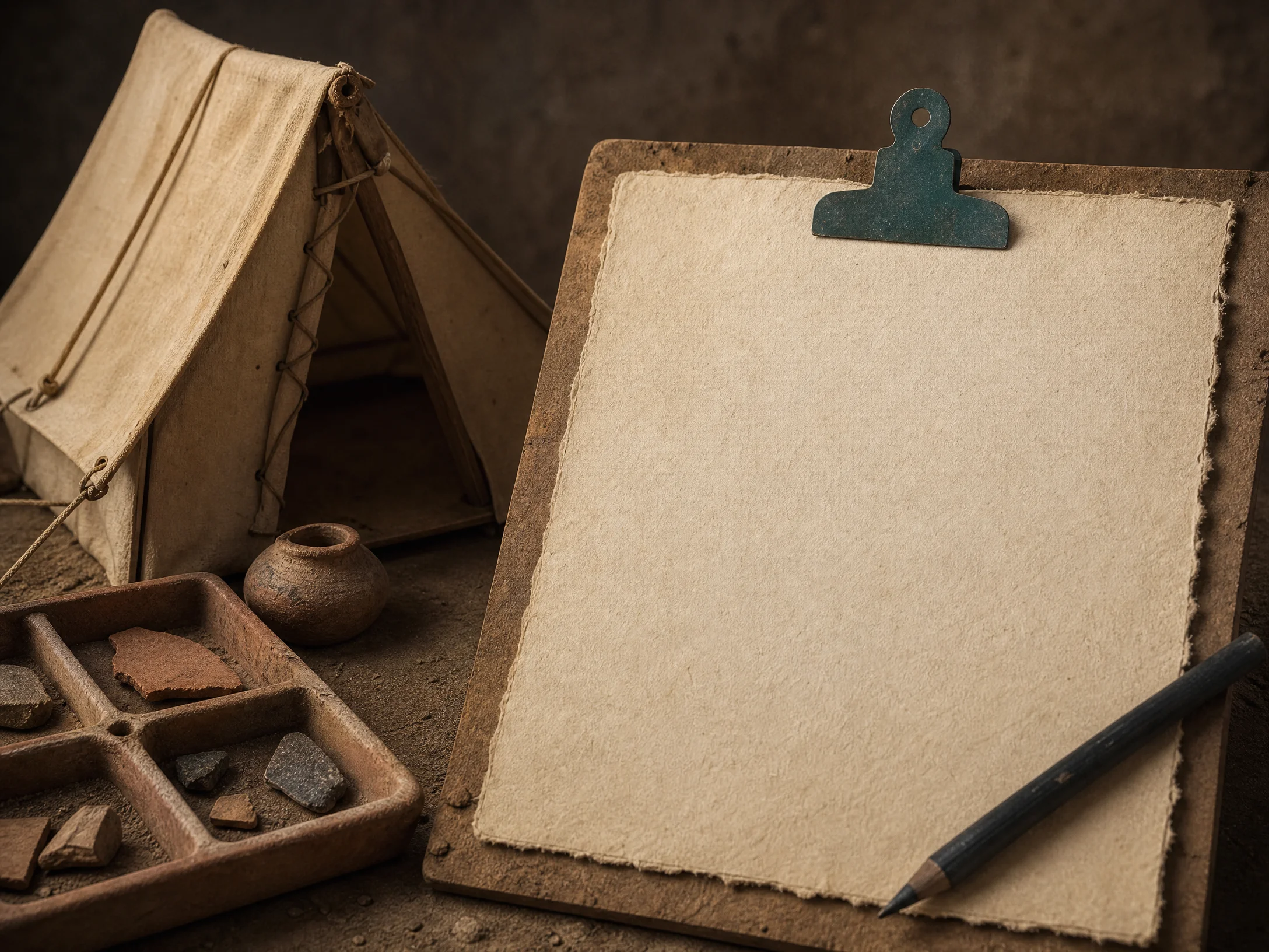 Field editor tent with blank clipboard, pencil and archaeological trays