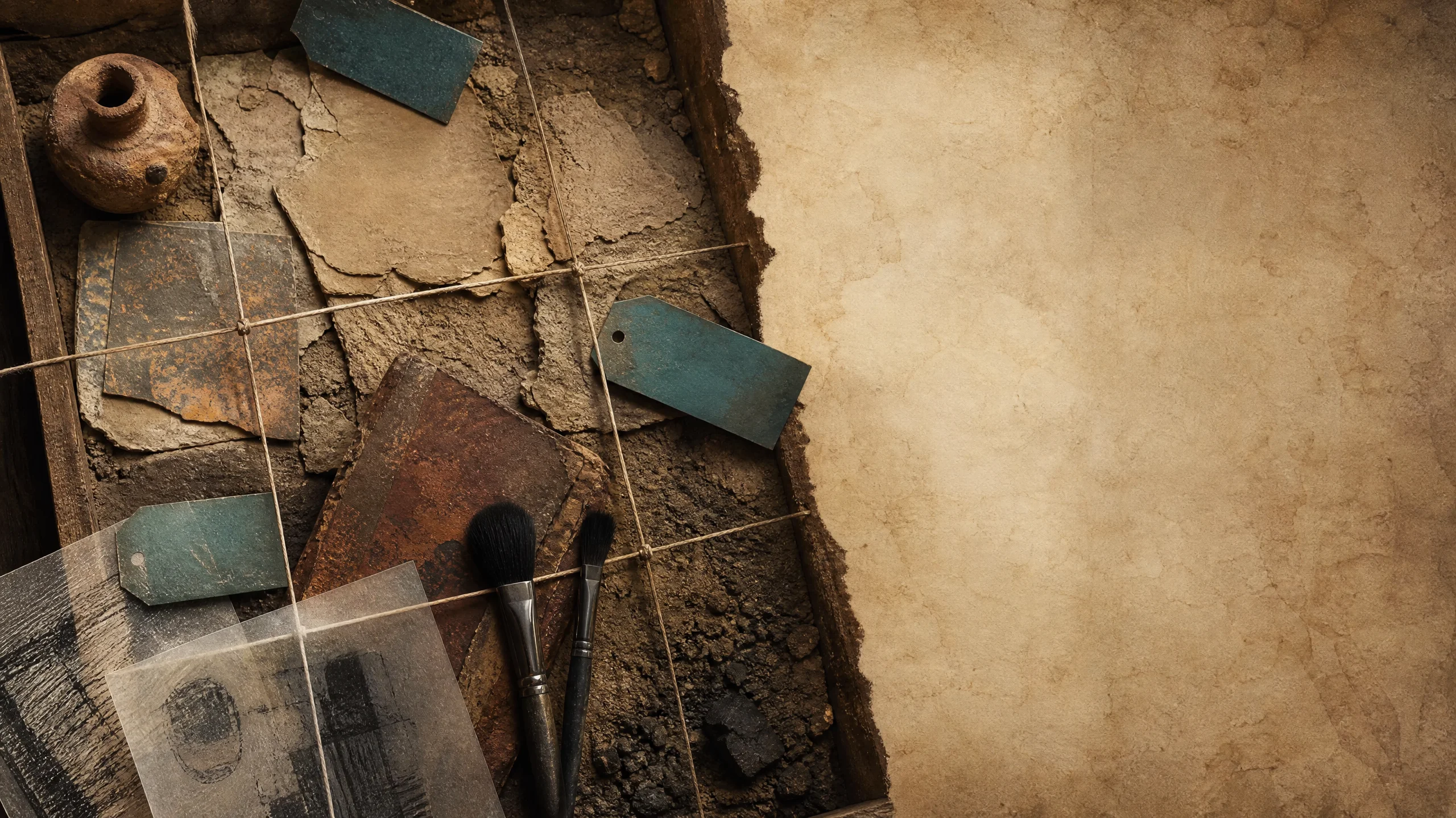 Archaeological marketing field tray with paper fragments, teal specimen tags and brushes