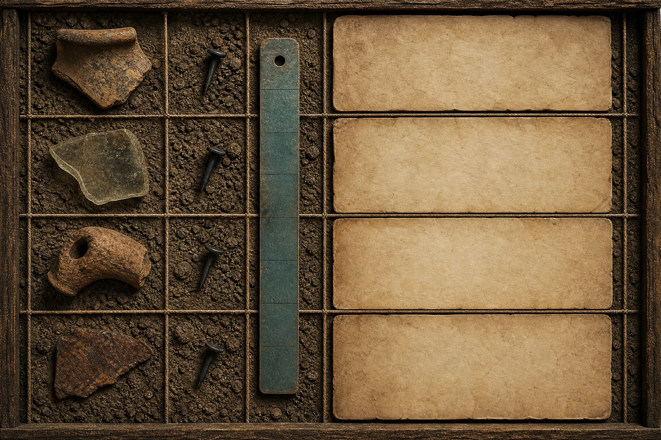 Catalogue tray with small retail artifacts and blank accession labels