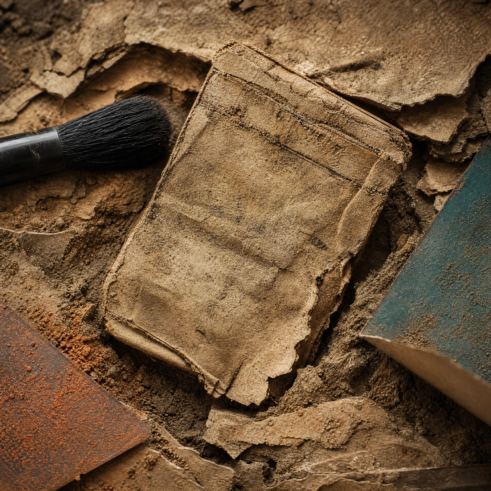 Weathered fabric package fragment in an excavation tray