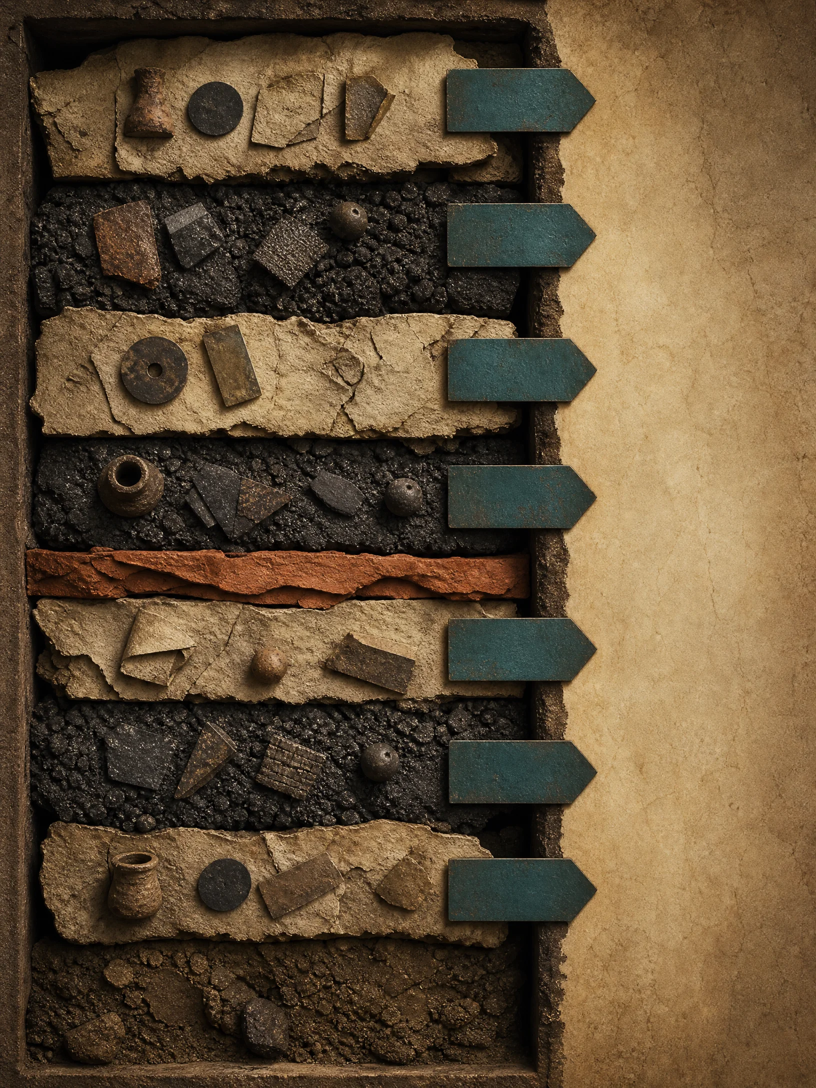 Vertical cabinet showing multiple excavated marketing layers with teal accession labels